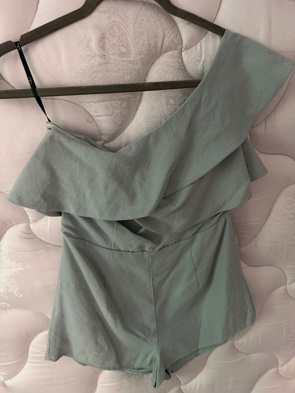 Lulu's One-Shoulder Ruffle Romper in Sage - Picture 2 of 4